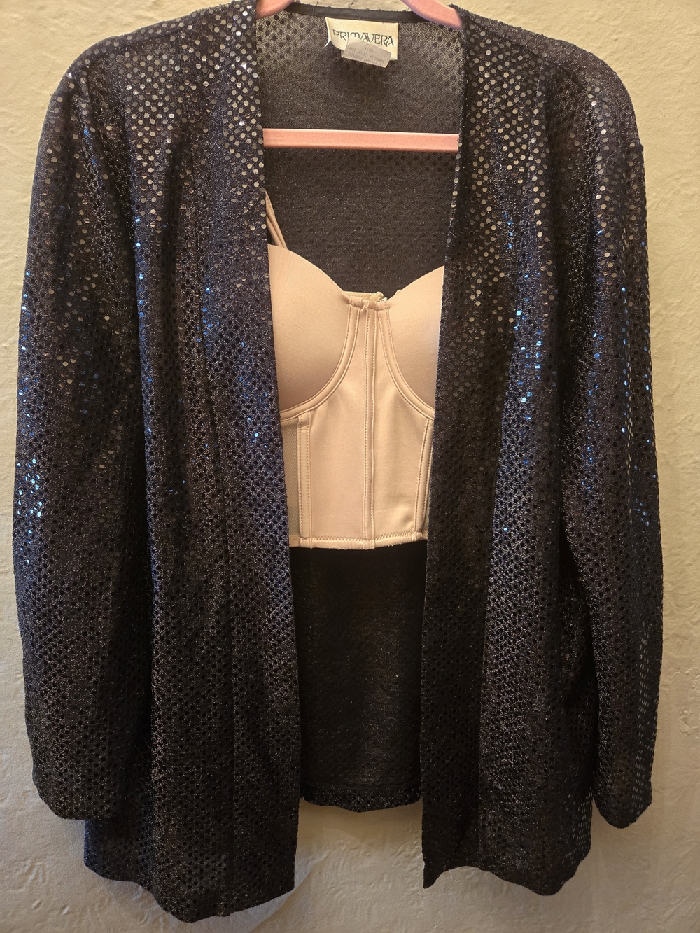 Vintage Primavera Black Metallic Shimmer Open Cardigan Duster Goth Glam Evening